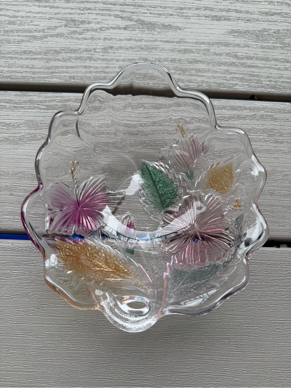 Vintage Hand Painted Floral Glass Bowl Trinket Dish Candy Bowl Scalloped 7”